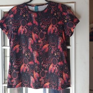 Colorful Geometric Feather Print Short Sleeve Top Women's Size Small